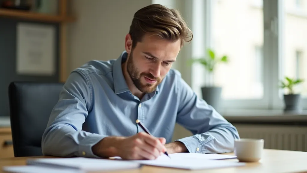 Muž sedí u stolu s notebookem a psaní cílů na papír, jasné denní světlo, ostrý focus