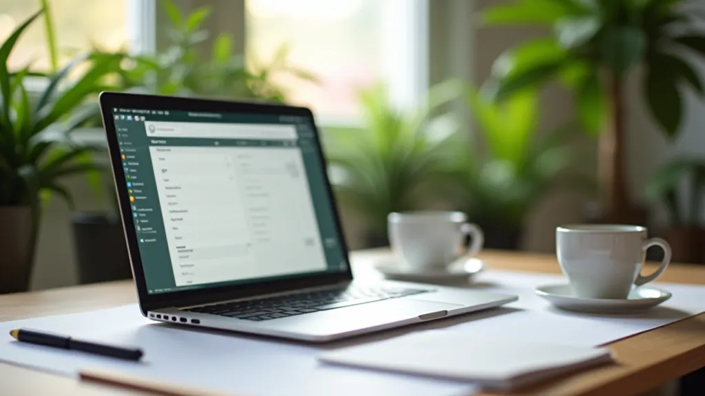 Laptop s otevřenou aplikací pro poznámky vedle kávového šálku, home office